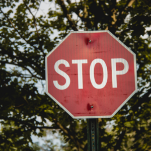 A red stop sign stands out against a backdrop of trees