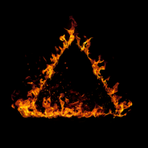 A triangle made of flames, set on a dark background